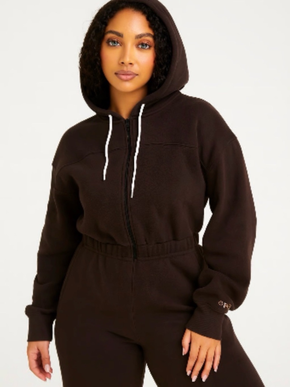 Women's Brown Hooded Zip-Front Jumpsuit